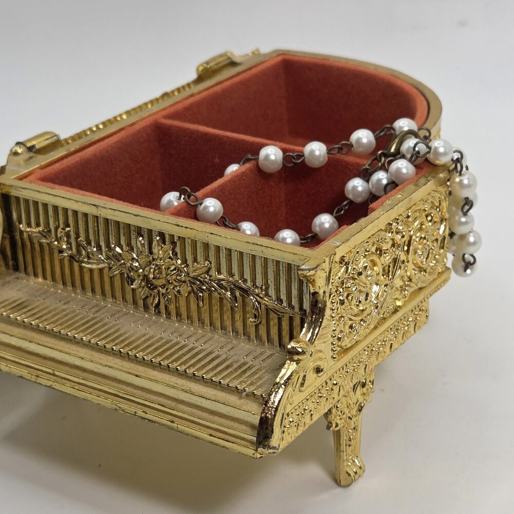 Vintage Gold Plastic Grand Piano Jewelry Box w/ Lid & Faux Pearl 18" Chain